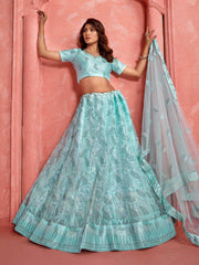 Precious Sky - Blue Thread Embroidered Net Wedding Lehenga Choli - Ethnic Plus In