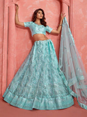 Precious Sky - Blue Thread Embroidered Net Wedding Lehenga Choli - Ethnic Plus In