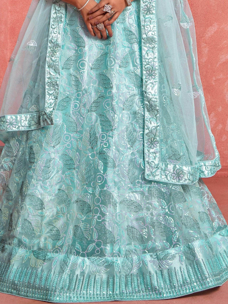 Precious Sky - Blue Thread Embroidered Net Wedding Lehenga Choli - Ethnic Plus In