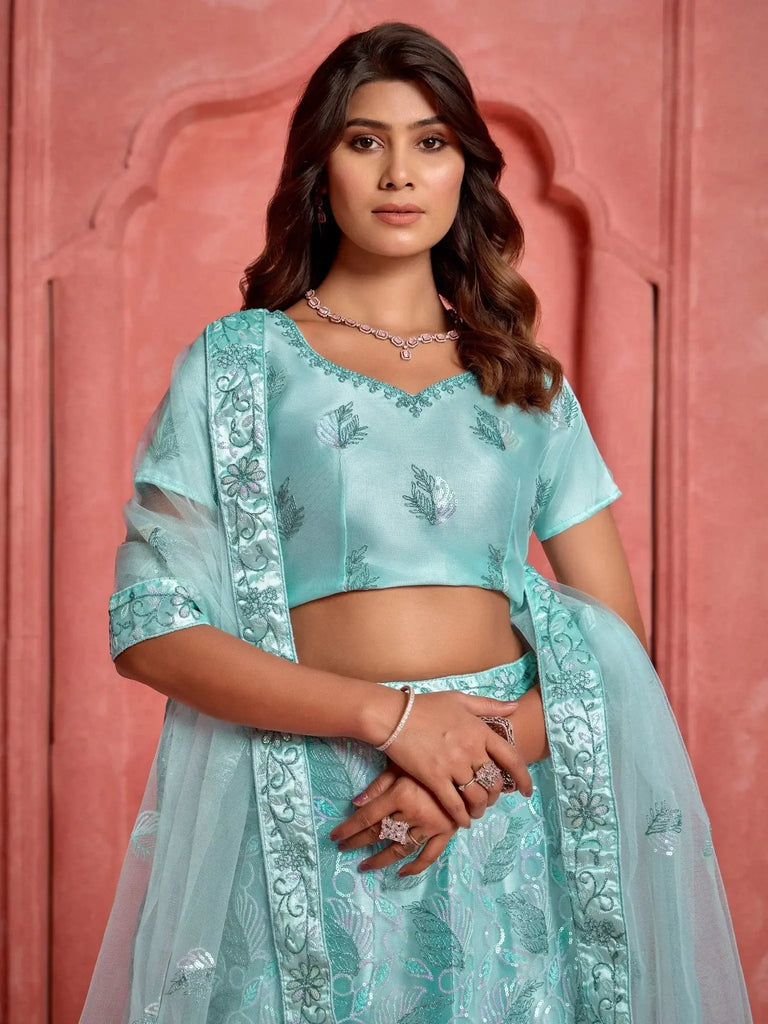 Precious Sky - Blue Thread Embroidered Net Wedding Lehenga Choli - Ethnic Plus In