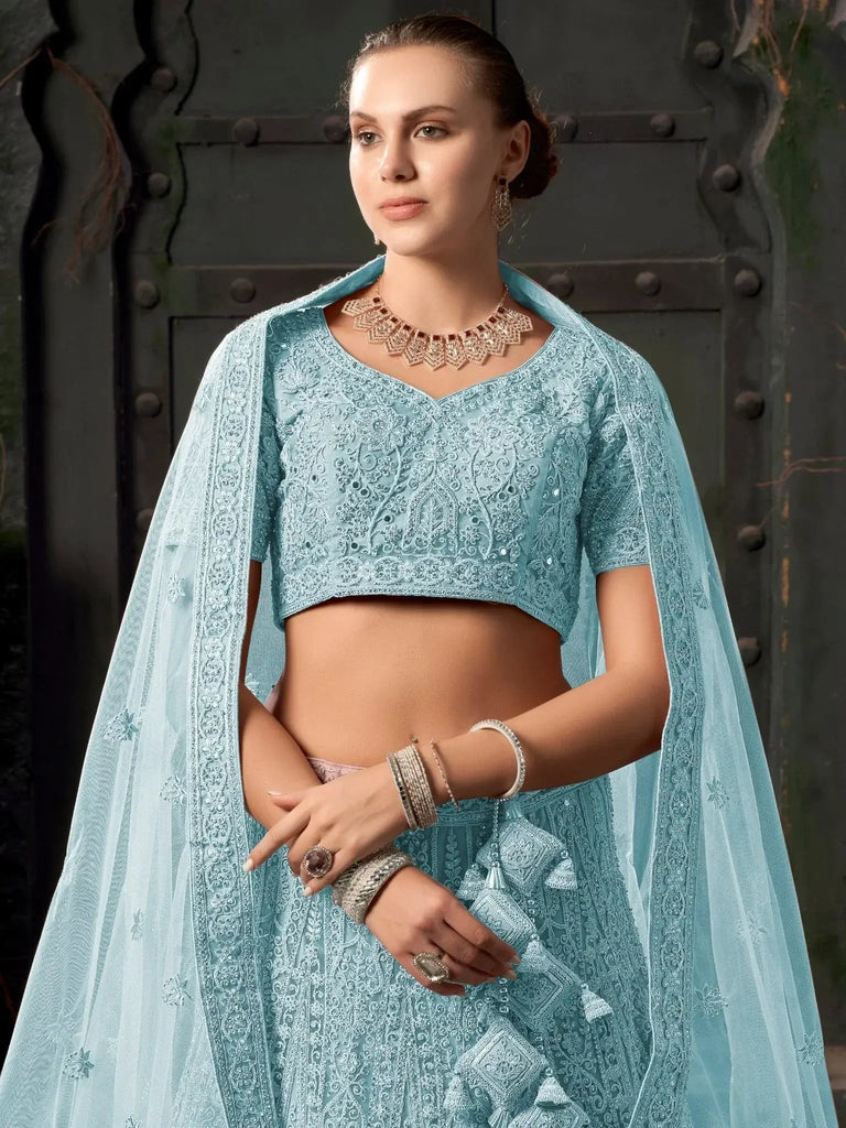 Precious Sky - Blue Zarkan Net Bridesmaid Lehenga Choli With Dupatta - Ethnic Plus In