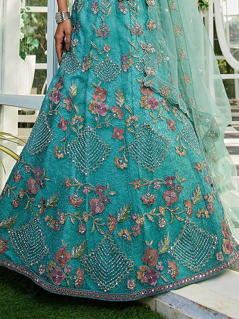 Precious Teal Blue Embroidered Net Engagement Wear Lehenga Choli - Ethnic Plus In