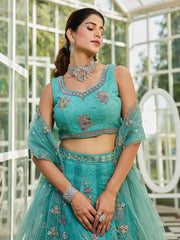Precious Teal Blue Embroidered Net Engagement Wear Lehenga Choli - Ethnic Plus In