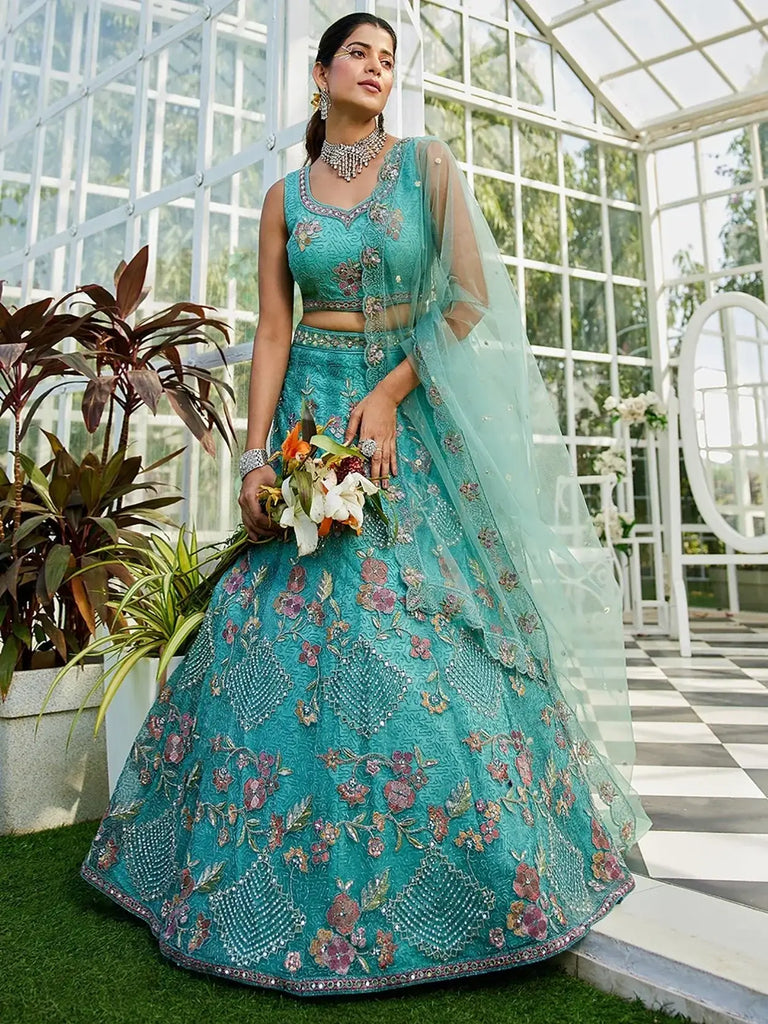 Precious Teal Blue Embroidered Net Engagement Wear Lehenga Choli - Ethnic Plus In