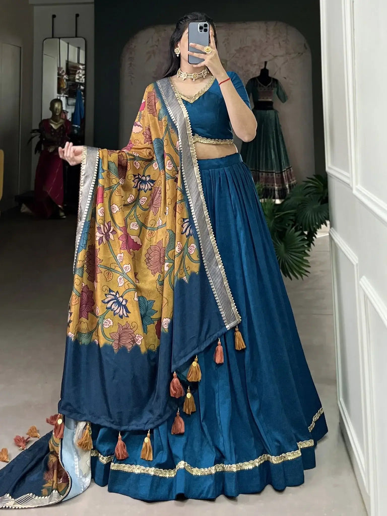 Precious Teal Blue Lace Work Silk Navratri Wear Lehenga Choli - Ethnic Plus In