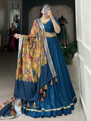 Precious Teal Blue Lace Work Silk Navratri Wear Lehenga Choli - Ethnic Plus In