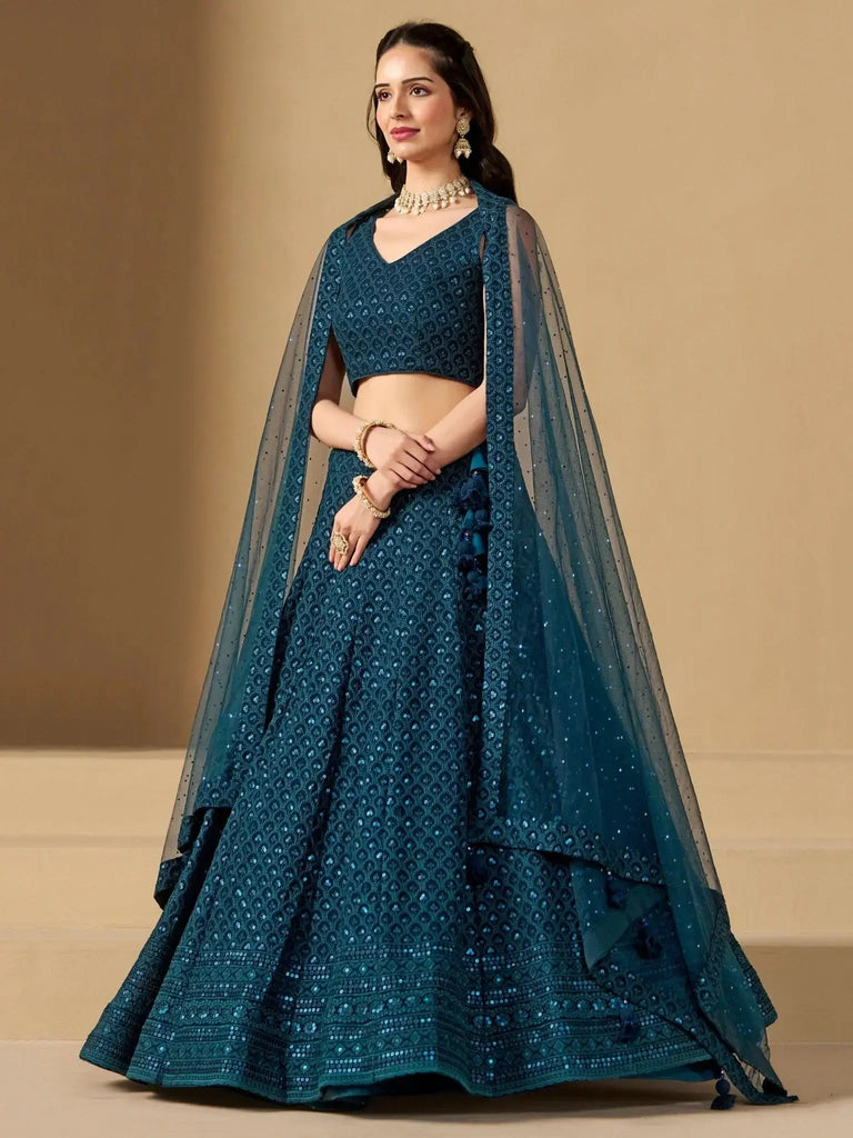Precious Teal Blue Thread Work Georgette Engagement Wear Lehenga Choli - Ethnic Plus In