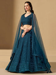 Precious Teal Blue Thread Work Georgette Engagement Wear Lehenga Choli - Ethnic Plus In