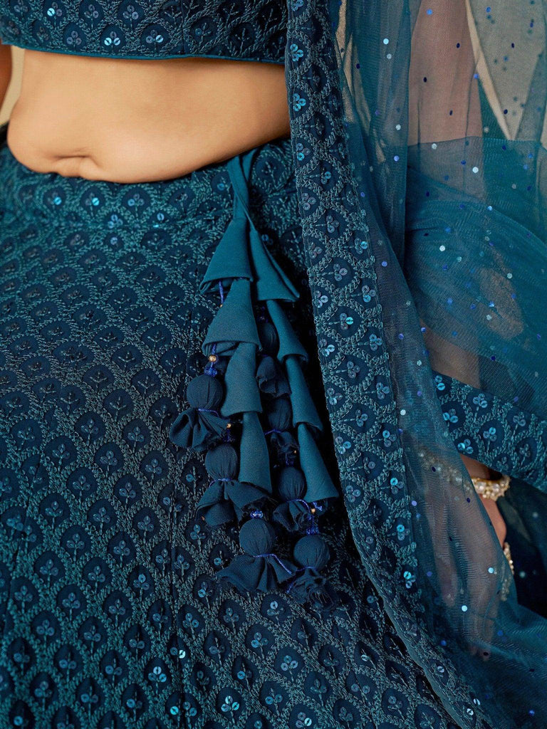 Precious Teal Blue Thread Work Georgette Engagement Wear Lehenga Choli - Ethnic Plus In