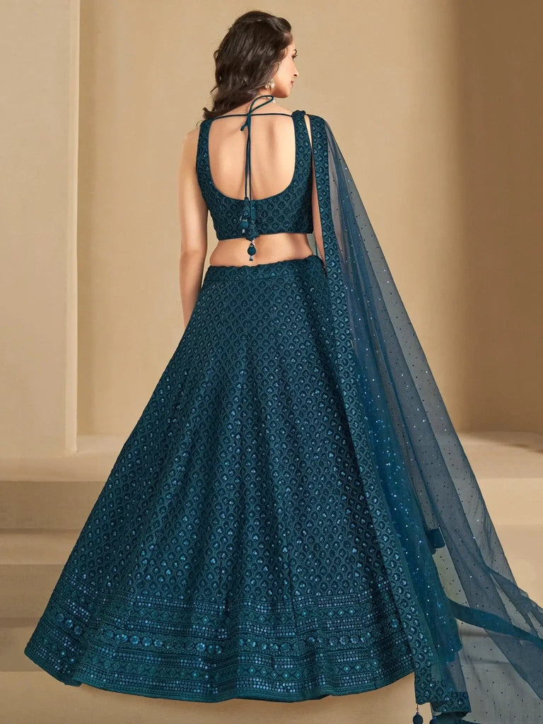 Precious Teal Blue Thread Work Georgette Engagement Wear Lehenga Choli - Ethnic Plus In