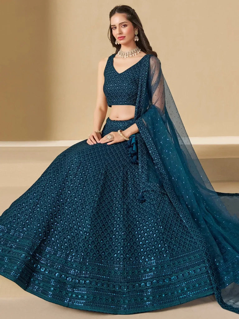 Precious Teal Blue Thread Work Georgette Engagement Wear Lehenga Choli - Ethnic Plus In