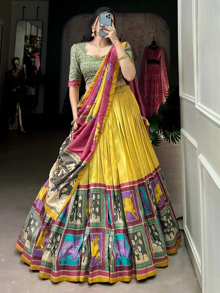 Precious Yellow Kalamkari Printed Tussar Silk Traditional Lehenga Choli - Ethnic Plus In