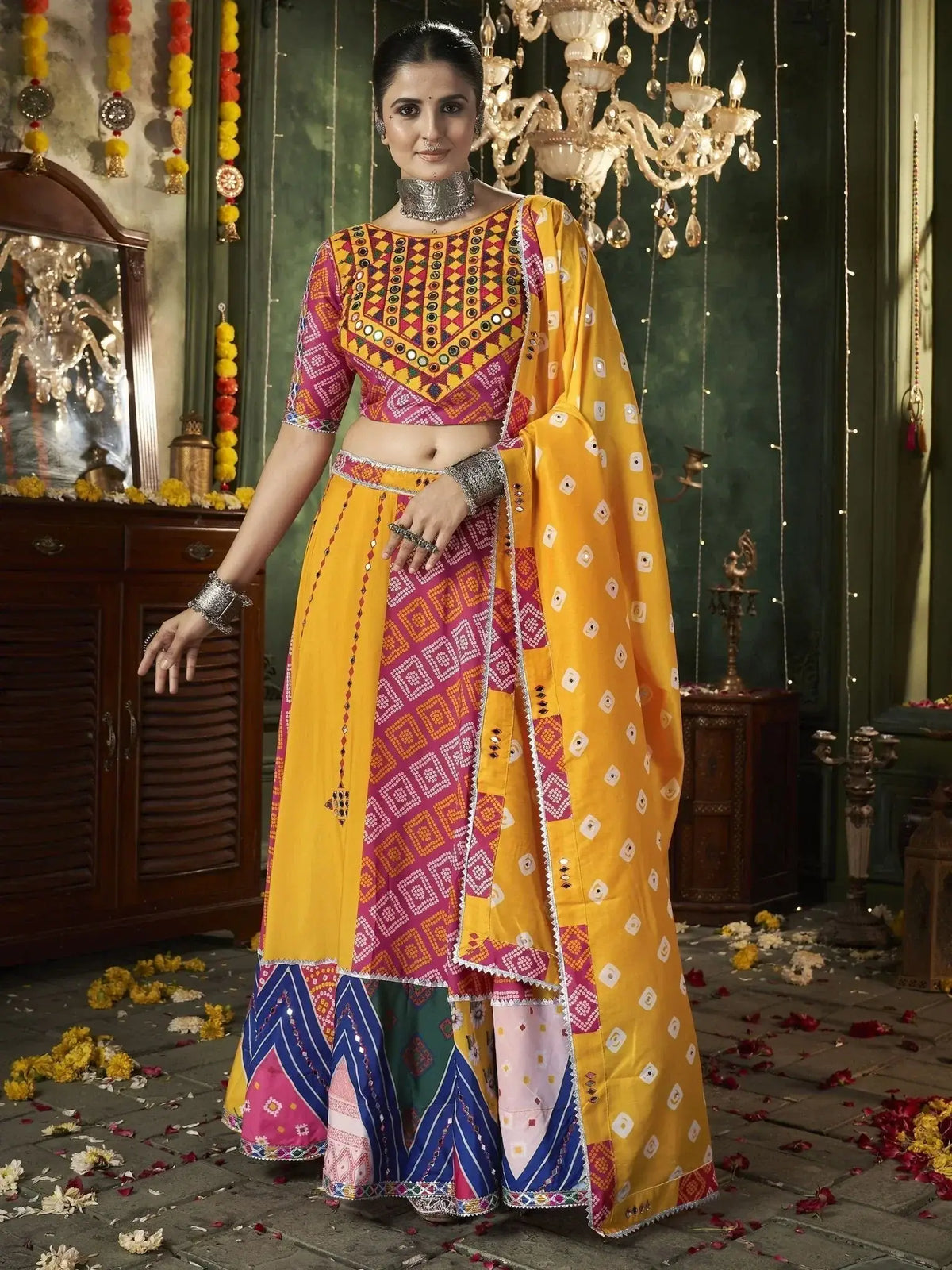 Precious Yellow Printed Cotton Navratri Lehenga Choli With Dupatta - Ethnic Plus In