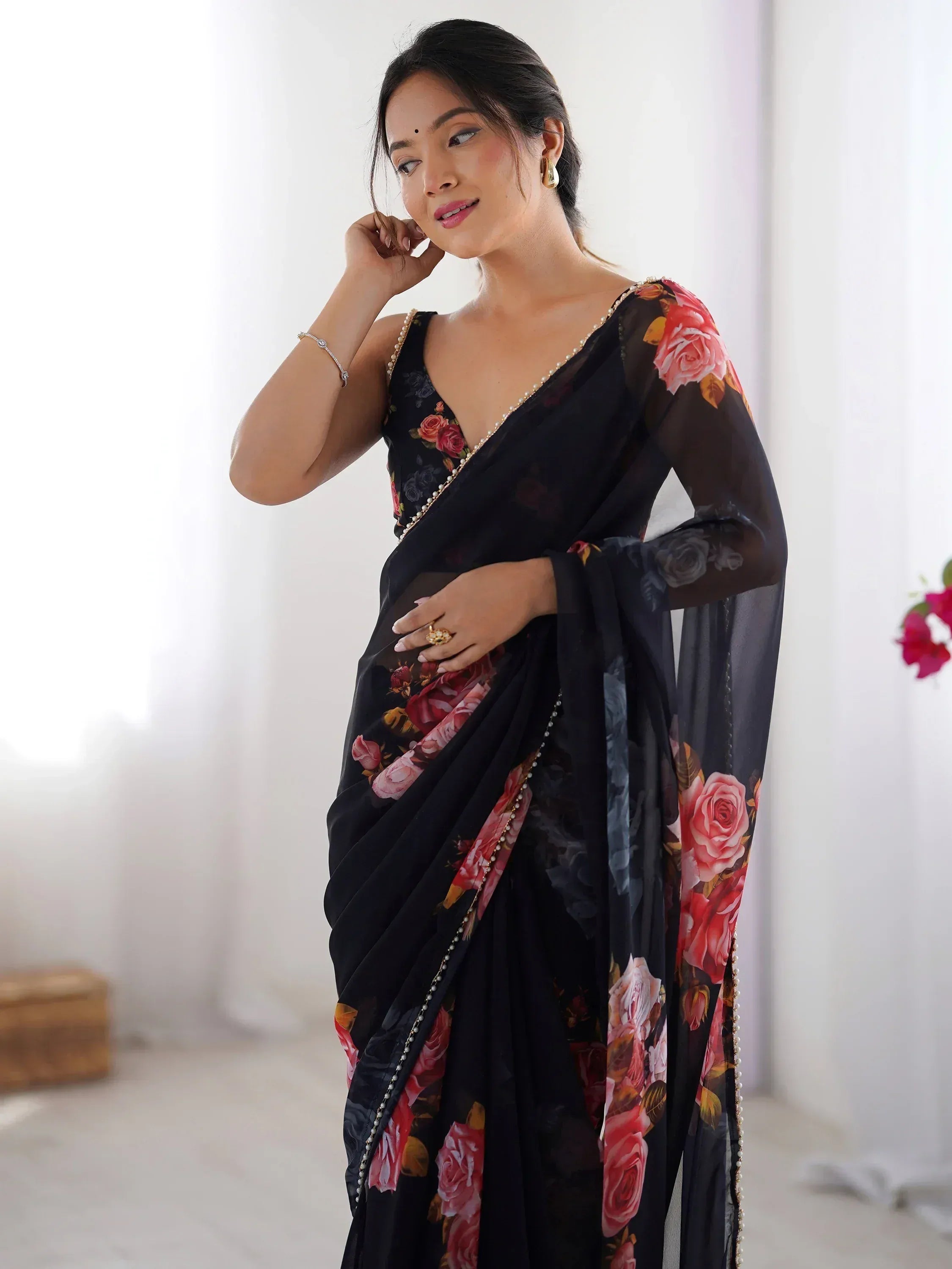 Black floral saree with pearl border, Indian ethnic wear for women