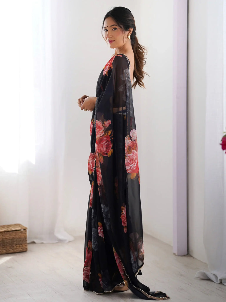 Precious Black Floral Printed Georgette Party Wear Saree With Blouse