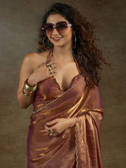 Precious Rose Gold Satin Reception Wear Pre-Stitched Saree