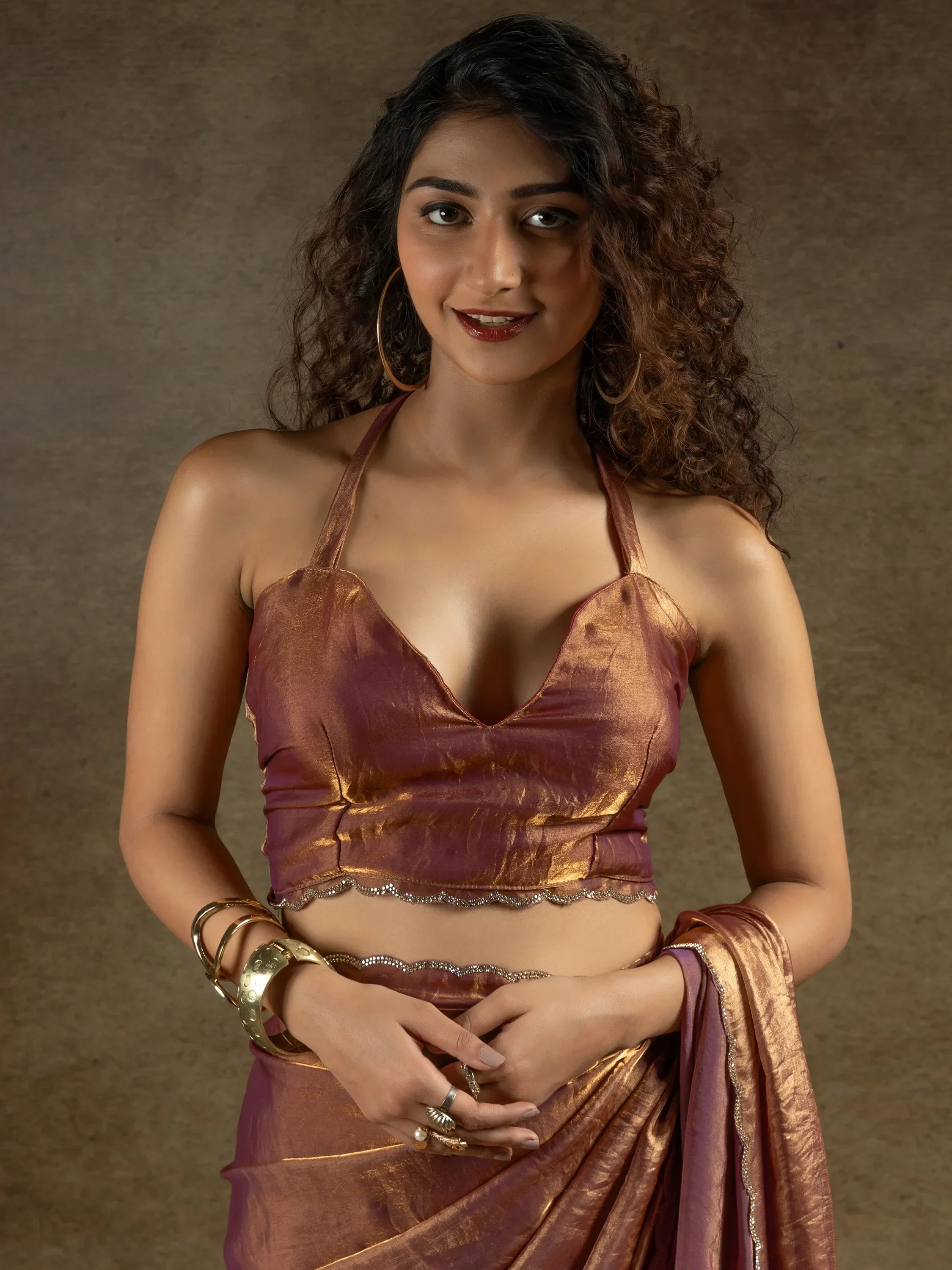 Precious Rose Gold Satin Reception Wear Pre-Stitched Saree