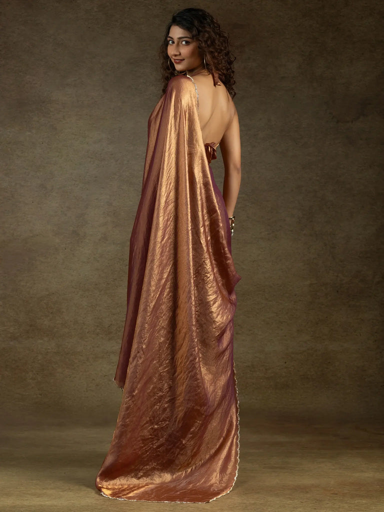 Precious Rose Gold Satin Reception Wear Pre-Stitched Saree