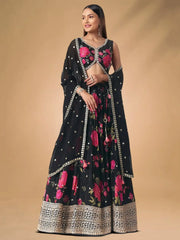 Pretty Black Chinon Floral Printed Lehenga Choli - Ethnic Plus In