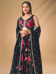 Pretty Black Chinon Floral Printed Lehenga Choli - Ethnic Plus In
