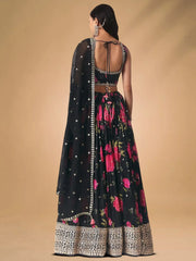 Pretty Black Chinon Floral Printed Lehenga Choli - Ethnic Plus In