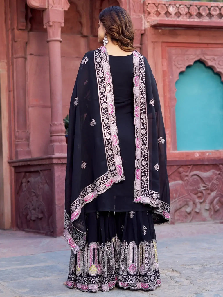Pretty Black Georgette Sequins Festival Wear Sharara Suit - Ethnic Plus In