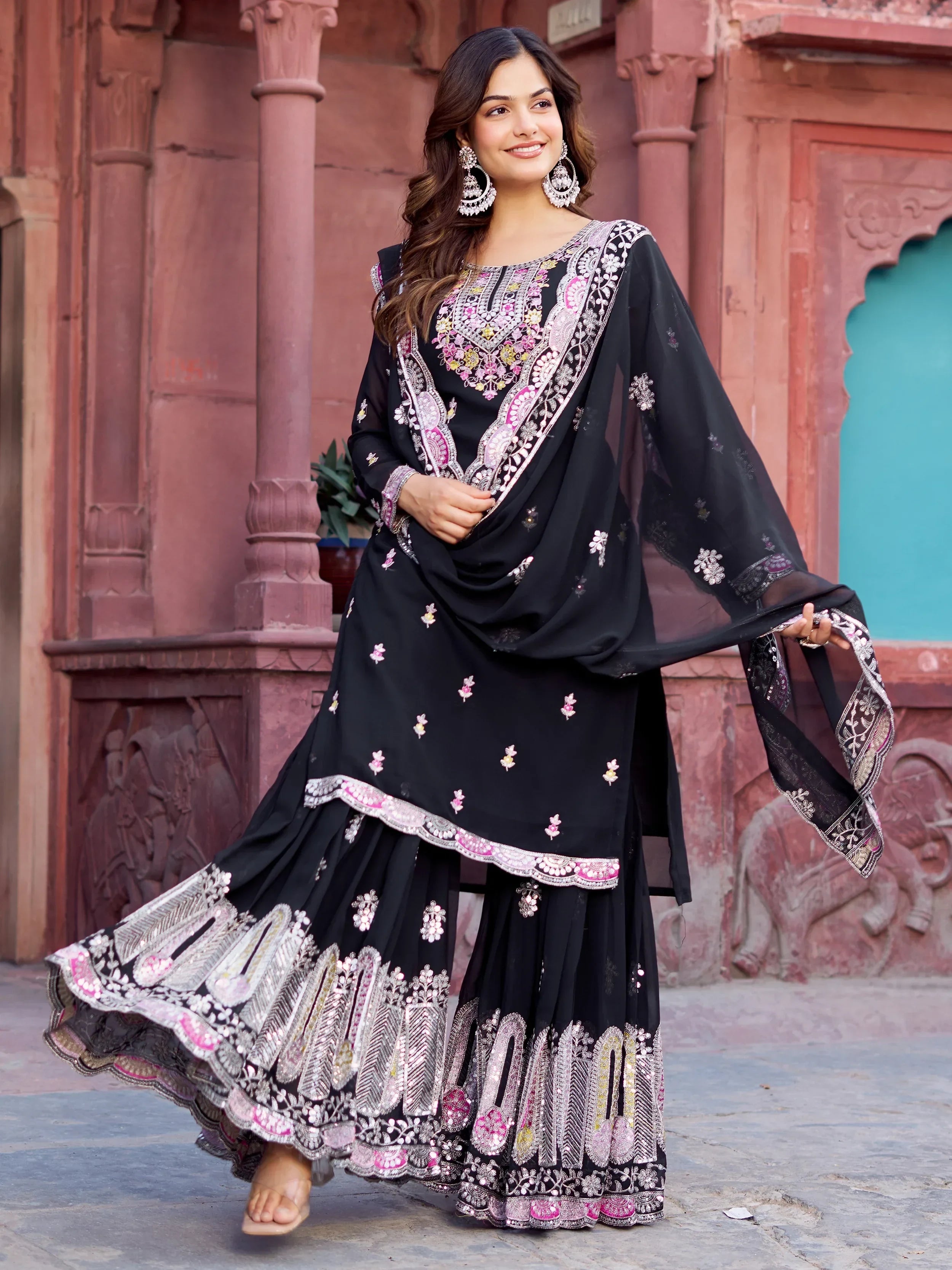 Pretty Black Georgette Sequins Festival Wear Sharara Suit - Ethnic Plus In