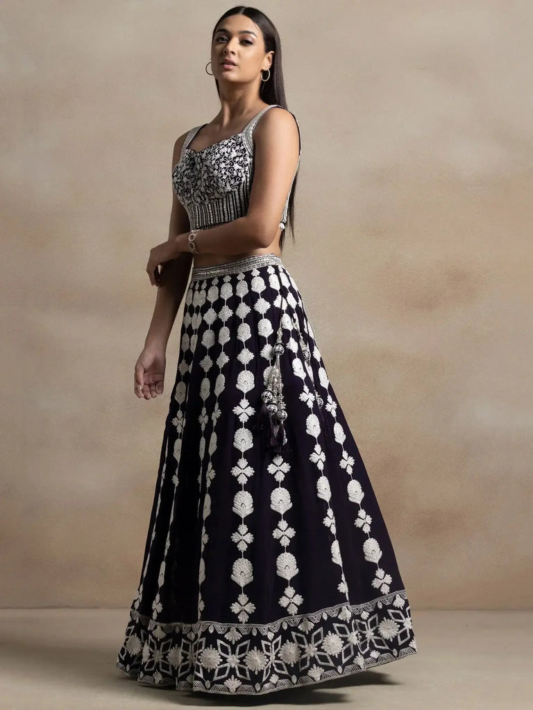 Pretty Dark Purple Thread Work Georgette Reception Wear Lehenga Choli - Ethnic Plus In