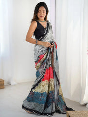 Pretty Grey Chinon Festival Wear Saree With Blouse - Ethnic Plus In