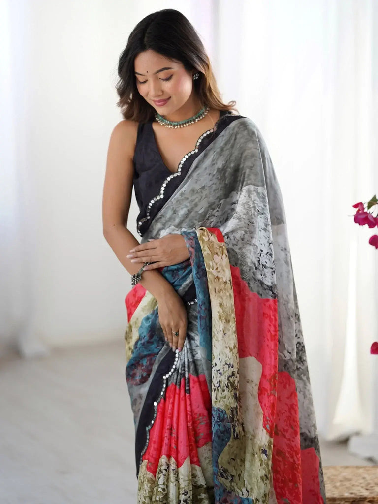 Pretty Grey Chinon Festival Wear Saree With Blouse - Ethnic Plus In