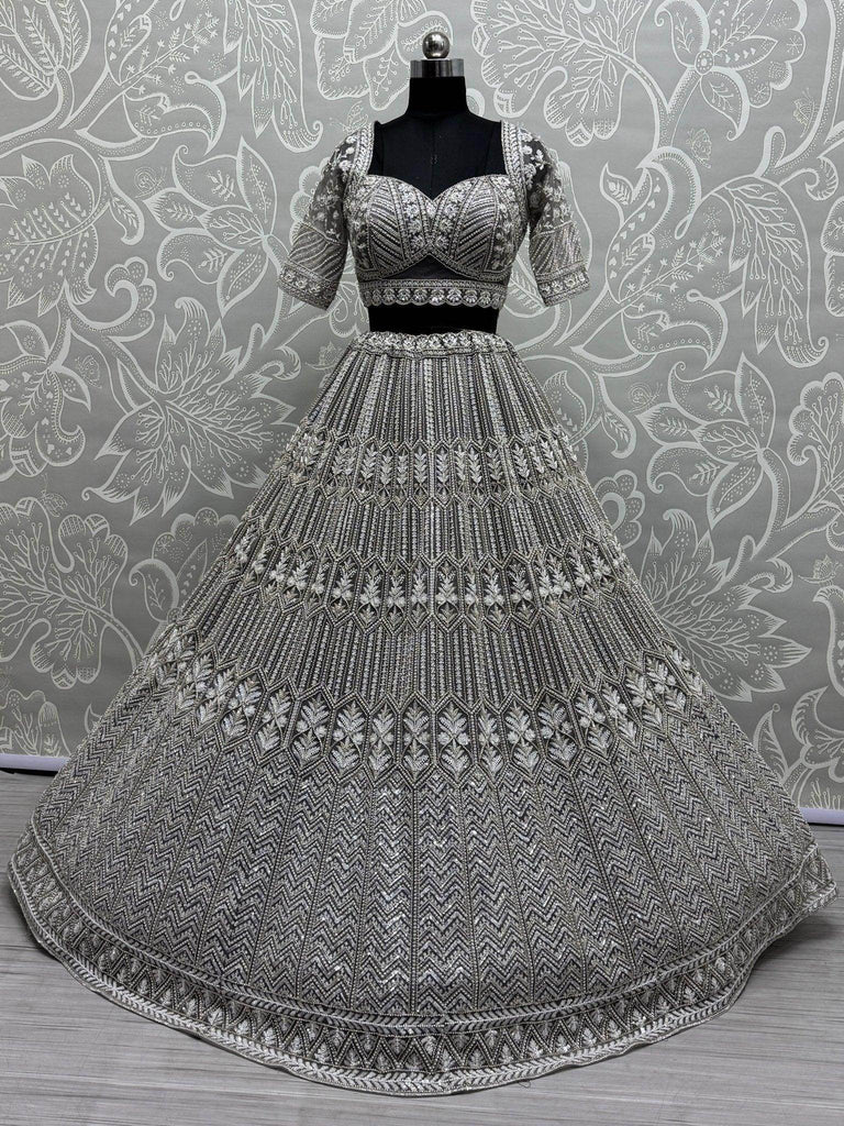 Pretty Grey Sequins Wok Net Wedding Wear Lehenga Choli With Dupatta - Ethnic Plus In