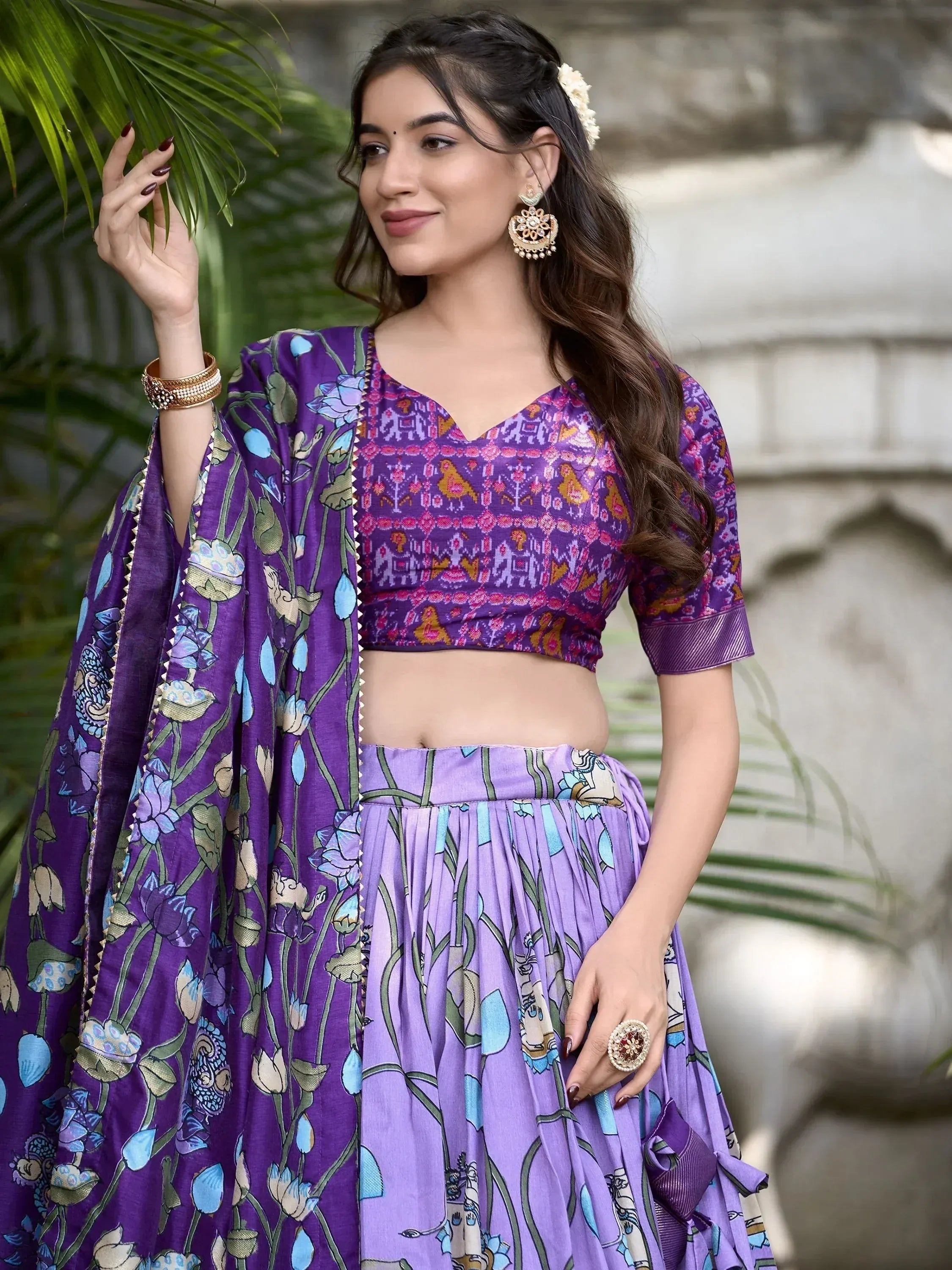 Purple floral print lehenga choli with matching dupatta, ethnic Indian wear for women