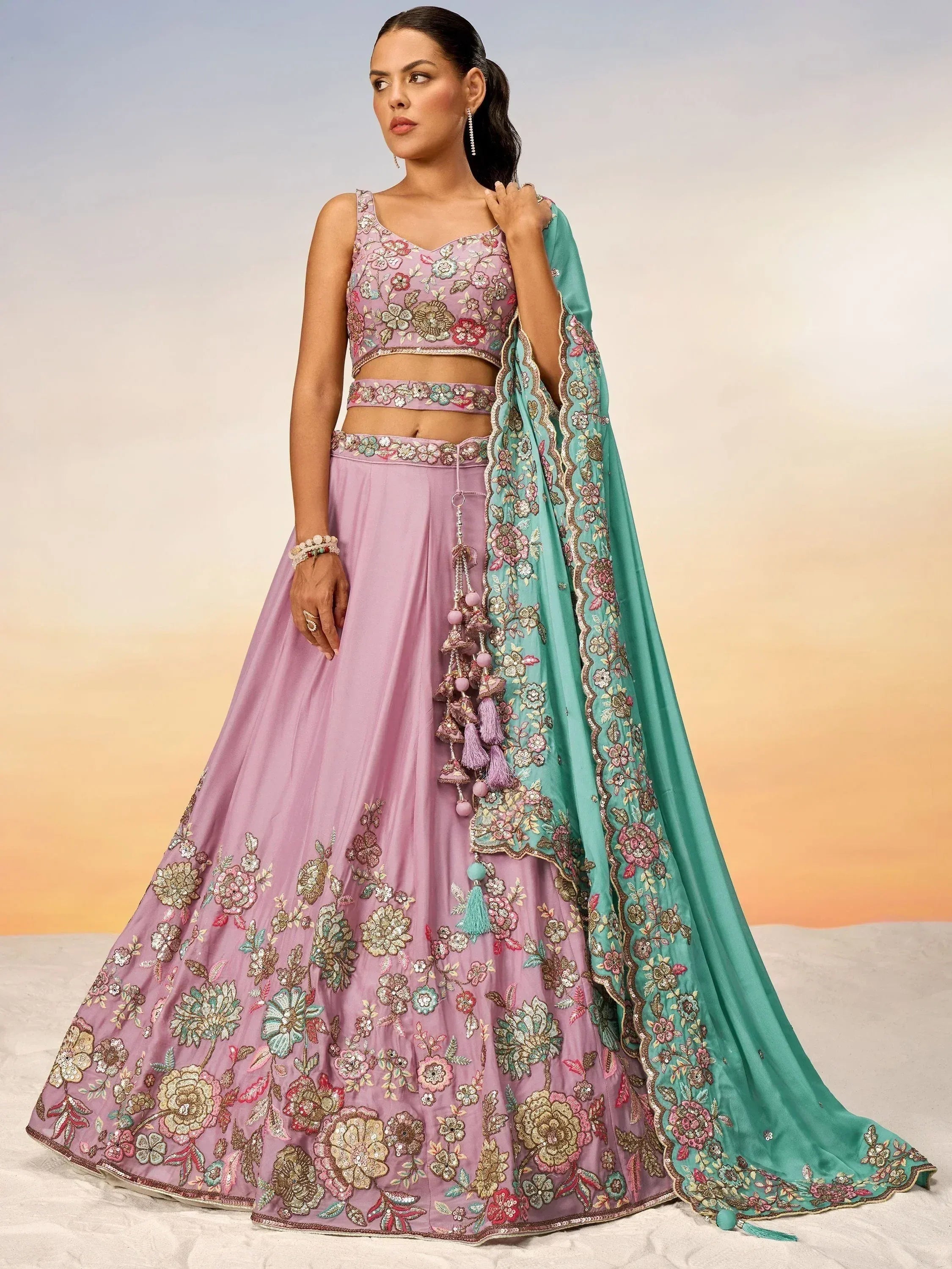 Lavender floral embroidered lehenga choli with turquoise dupatta, Indian ethnic wear for weddings