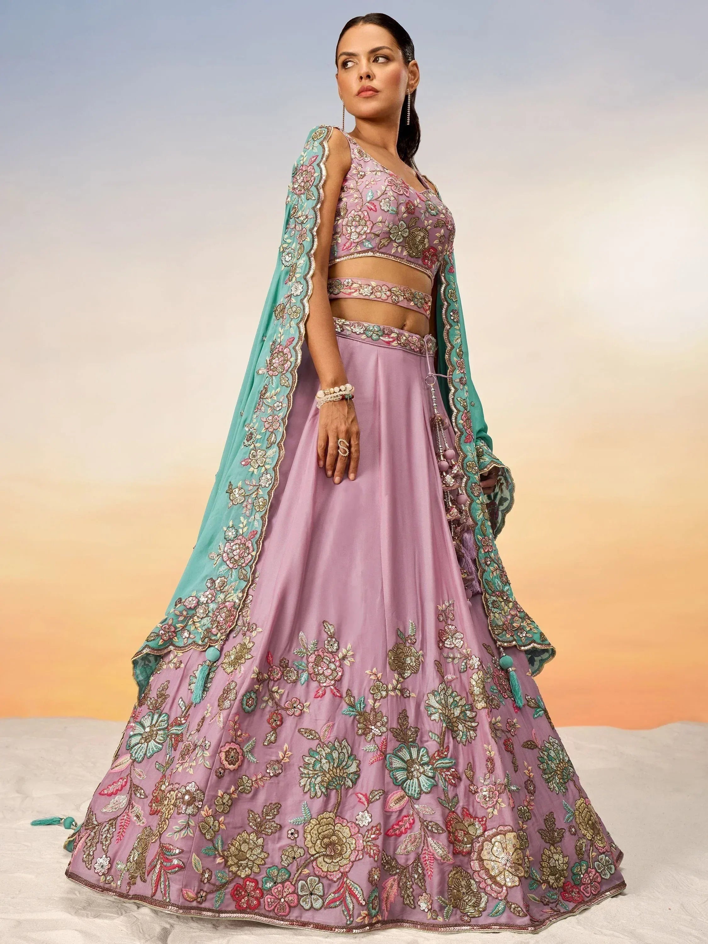Lavender lehenga choli with floral embroidery and turquoise dupatta, Indian ethnic wear for weddings