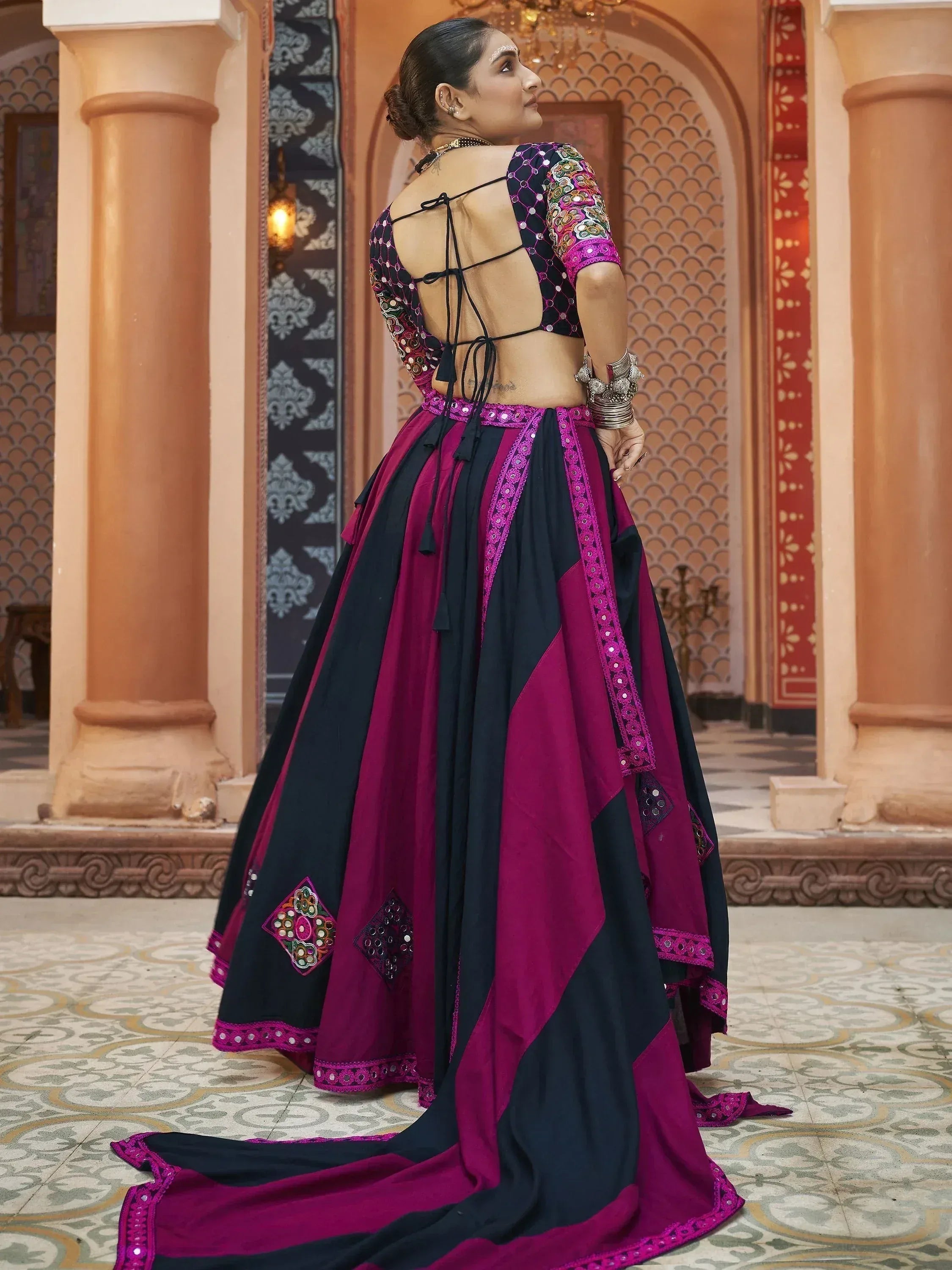 Black and magenta designer lehenga choli with mirror work, back tie blouse, ethnic wear for women