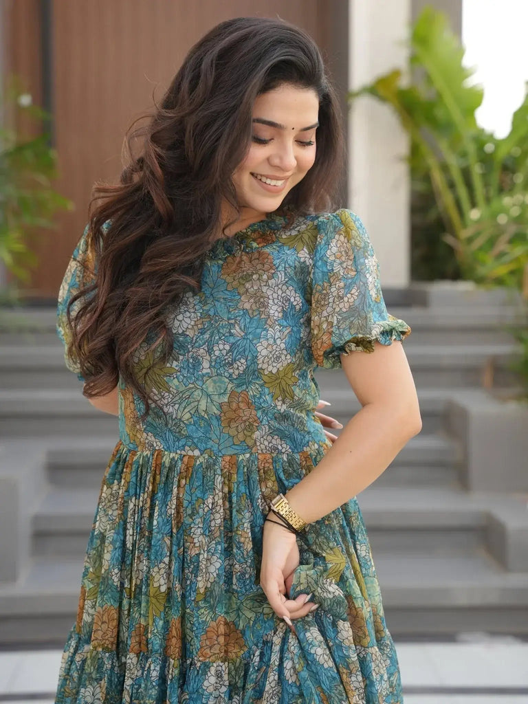 Pretty Multi Color Georgette Floral Print Festival Wear Gown - Ethnic Plus In