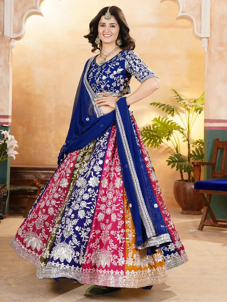 Pretty Multi - Color Thread Embroidered Georgette Wedding Lehenga Choli - Ethnic Plus In