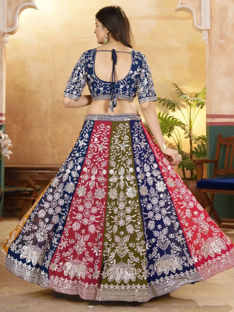 Pretty Multi - Color Thread Embroidered Georgette Wedding Lehenga Choli - Ethnic Plus In