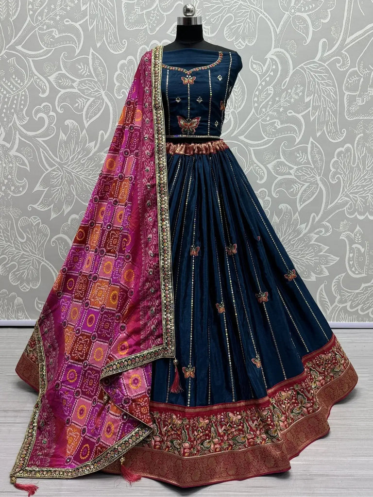 Pretty Navy Blue Sequins Silk Wedding Wear Lehenga Choli With Dupatta - Ethnic Plus In