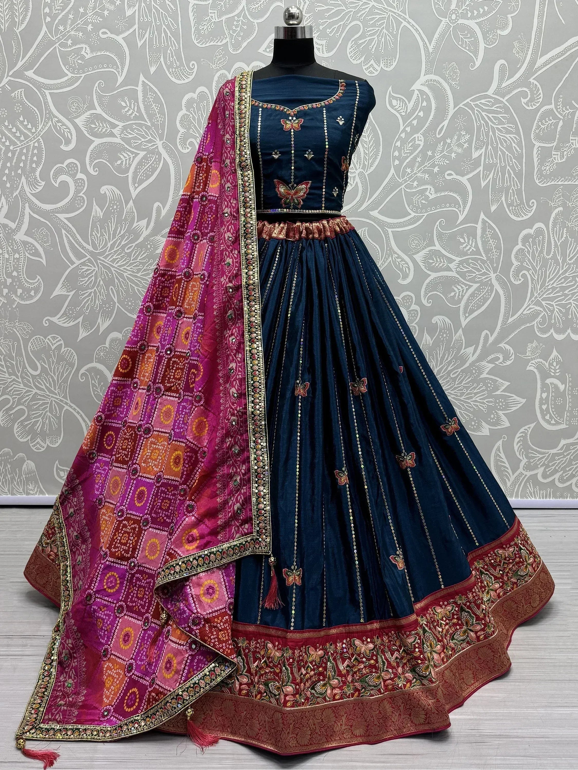 Navy blue lehenga choli with butterfly embroidery and pink dupatta, Indian ethnic wear
