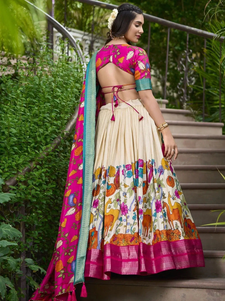 Pretty Off - White Kalamkari Print Dola Silk Wedding Wear Lehenga Choli - Ethnic Plus In