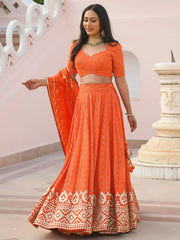 Pretty Orange Sequins Georgette Sangeet Wear Lehenga Choli - Ethnic Plus In