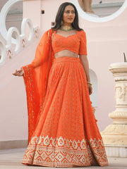 Pretty Orange Sequins Georgette Sangeet Wear Lehenga Choli - Ethnic Plus In