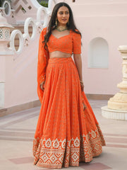 Pretty Orange Sequins Georgette Sangeet Wear Lehenga Choli - Ethnic Plus In