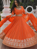 Pretty Orange Sequins Georgette Sangeet Wear Lehenga Choli - Ethnic Plus In