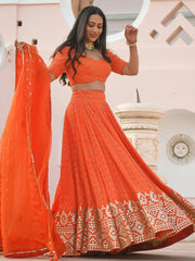 Pretty Orange Sequins Georgette Sangeet Wear Lehenga Choli - Ethnic Plus In