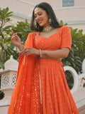 Pretty Orange Sequins Georgette Sangeet Wear Lehenga Choli - Ethnic Plus In