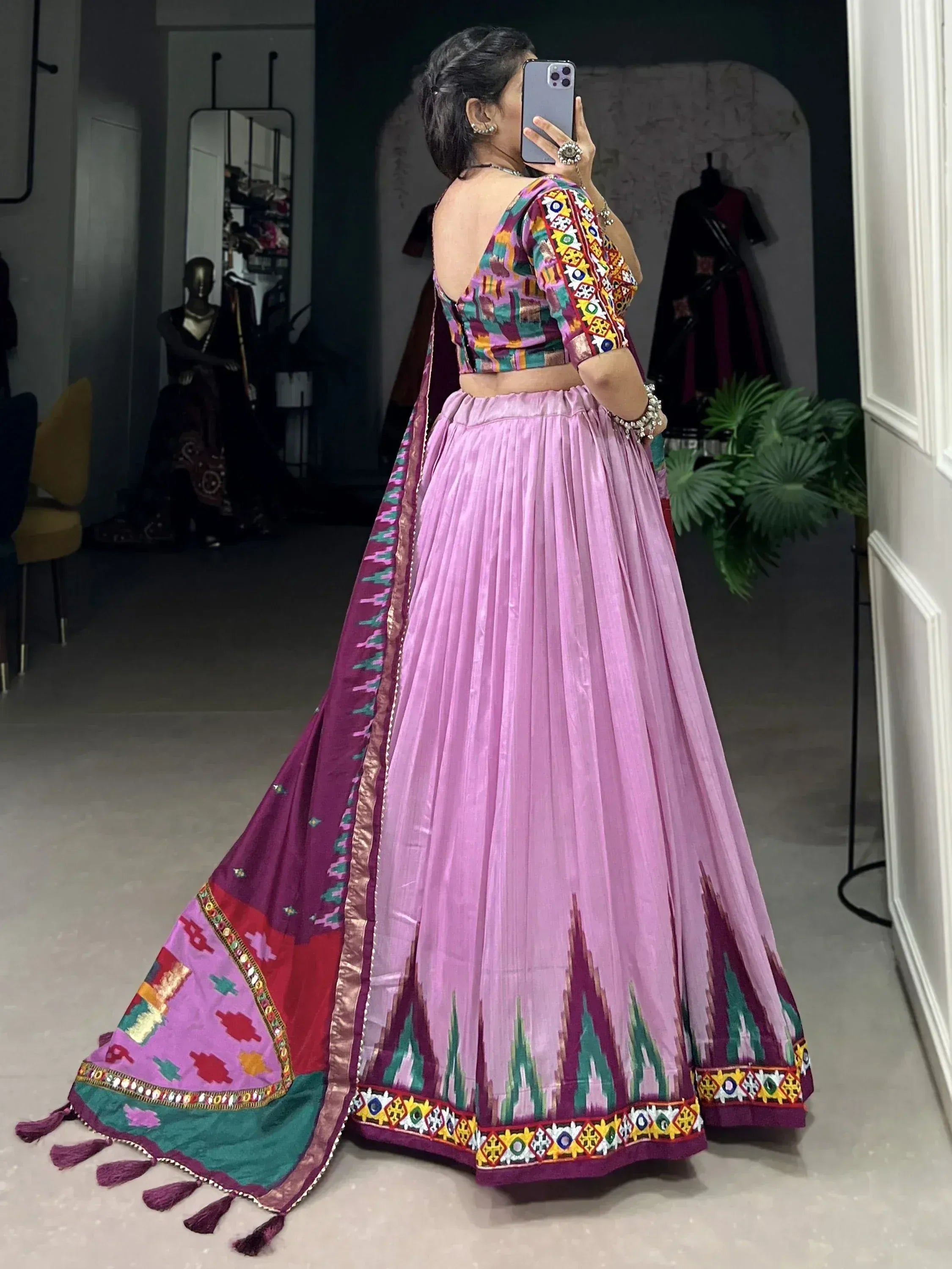 Pretty Orchid Color Gamthi Work Tussar Silk Navratri Lehenga Choli