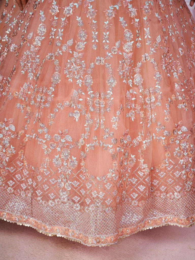 Pretty Peach Sequins Soft Net Engagement Wear Lehenga Choli - Ethnic Plus In