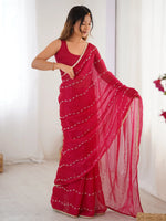Pretty Pink Motifs Beads Party Wear Saree With Blouse